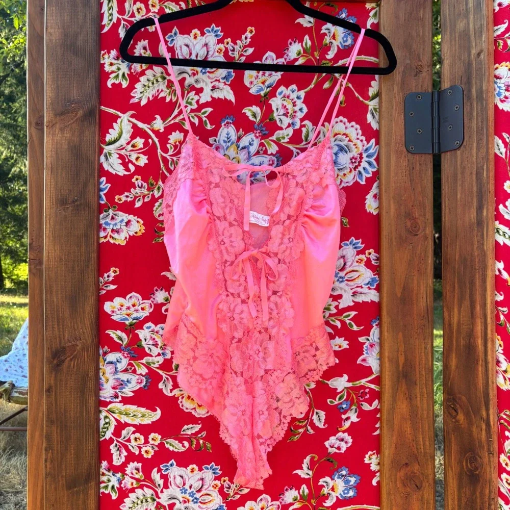 Vintage Pink Lace Tie Front High Waist Cheeky Teddy Bodysuit Lingerie Size M